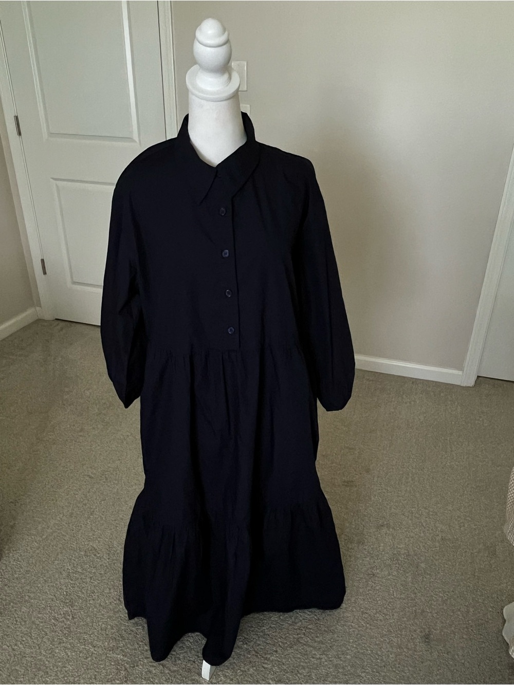NWT Quince Organic Cotton Poplin Tiered Maxi Dress in Navy Size Large
